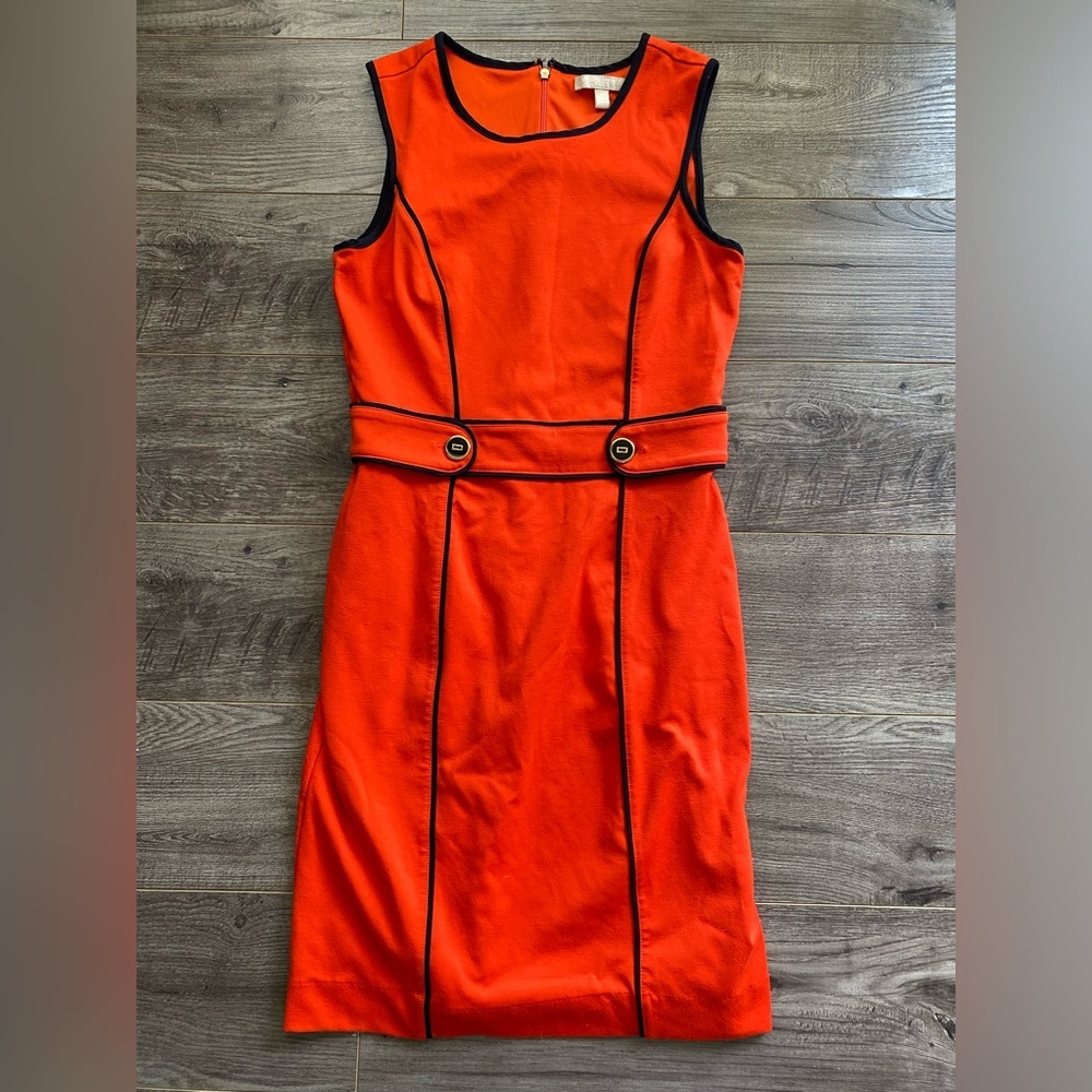 Banana Republic red sleeveless dress cinched waist w/ button detail & black trim